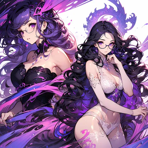 ((masterpiece, best quality)), Delicate face，Angel，Full body painting，Perfect body proportions，((Long wavy hair)), ((Half of her hair is purple，The other half is black，Available in two colors))，beautiful eyes，Fantasy style，White background，transparent，Sexy...