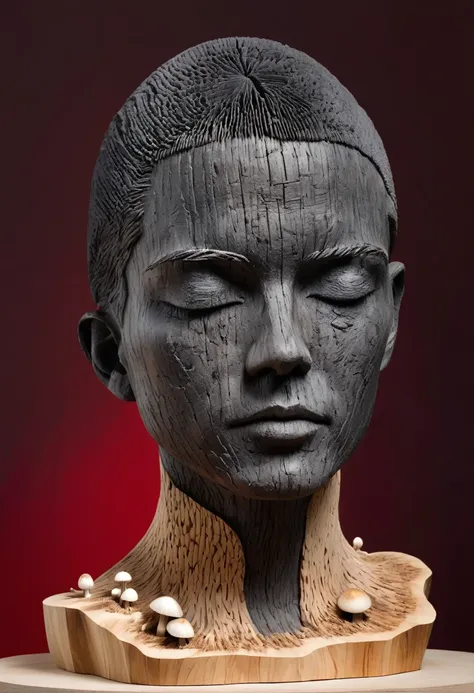 Aron Demetz, Master of Arts，Woodcarving，Portrait charcoal sculpture，Wood texture，Mushrooms growing on the sculpture，Black charcoal，Red background