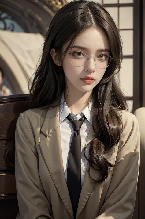 (((best quality))),(((ultra detailed))),(((masterpiece))),illustration,medium straight neat hair,a beautiful girl,solo,glasses,((sleek blazer,necktie,collared shirt)) ,confident lawyer, slim,thin,sophistication, power, courtroom, intense gaze, determinatio...