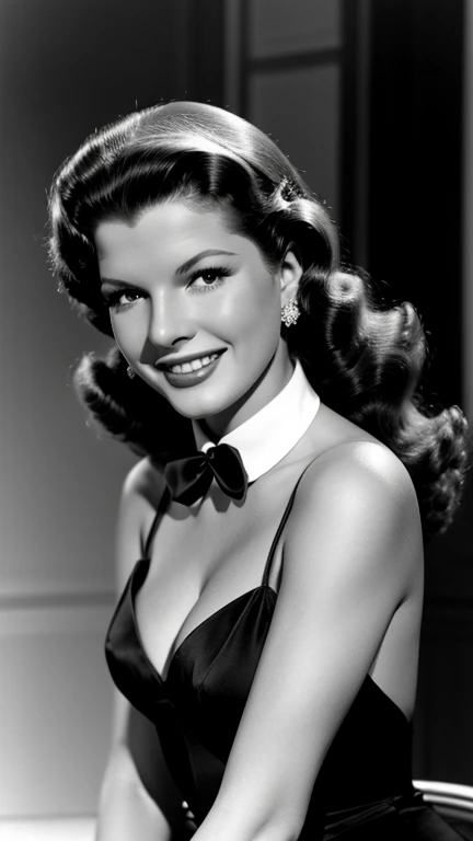 Rita Hayworth dressed in sexy formal clothes and smiling