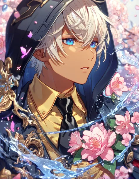 absurdres, highres, ultra detailed, HDR, master piece, best quality, extremely detailed face, delicated features, Soma Schicksal, platinum blond hair, expressive blue eyes, tanned skin, God Eater, solo, sexy man, handsome, dark blue hooded coat, yellow shi...