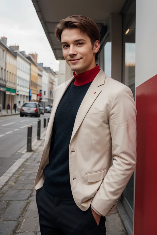 1men Solo, Résolution Haute, Fond simple, professional, modern wear, 20 years old, smile, fond simple de couleur rouge uni, photographie 