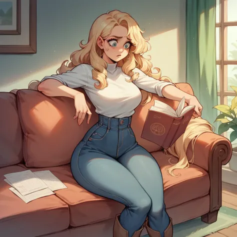 Beautiful woman 25 years old, not very high, long curly light blonde hair, Thin waist, big tits, well-shaped and large hips. She wears a top and jeans and long boots, sitting on her sofa, she is worried reading some papers, House