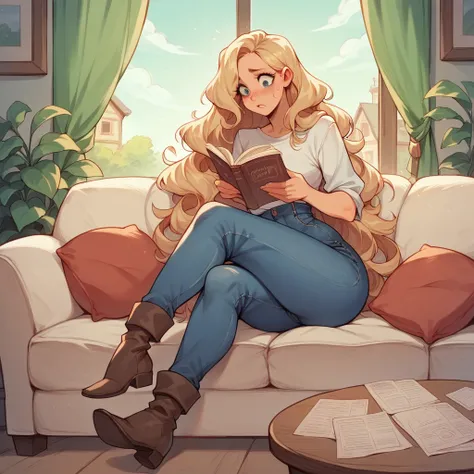 Beautiful woman 25 years old, not very high, long curly light blonde hair, Thin waist, big tits, well-shaped and large hips. She wears a top and jeans and long boots, sitting on her sofa, she is worried reading some papers, House