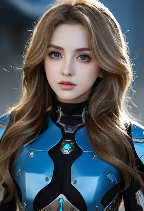 Big black eyes, Halo, Light Brown Wavy Long Hair, Black and blue sci-fi armor, Sci-fi style, high quality, atmosphere, war