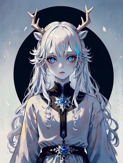 Female, small, Silver hair, human deer hybrid, blue eyes, pale skin, soft features, doll-like. high res, high quality, masterpiece, amazingly done, (colorful), work of art snowy background, DEER HYBRID.