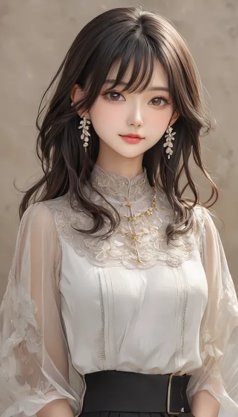 (masterpiece, Highest quality:1.2), One girl, alone,bony body、15 years old、Earrings、(one hand on hip:1.3) , master piece , best quality , highly detailed , woman , blouse , (matured female)