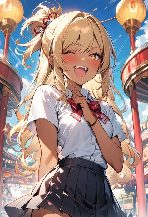 1 girl, japanese girl, longhair, blonde hair, blonde eyes, wave hair, mascara, tan skin, dark skin, double teeth, fang, piercing, (with her hair tied up, hair ornament:1.2),
BREAK closed eyes, joyful, open mouth, 
BREAK (masterpiece), (high resolution 8K),...