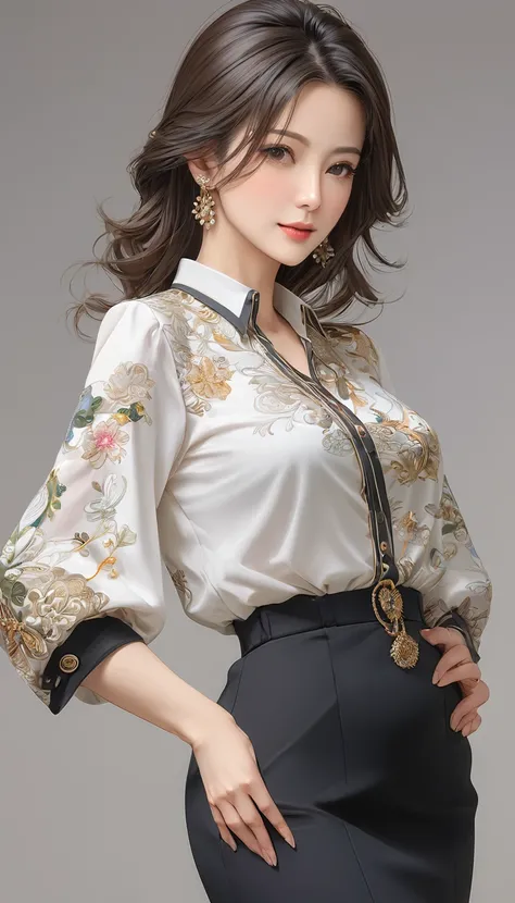 (one hand on hip:1.3) , master piece , best quality , highly detailed , woman , blouse , (matured female)