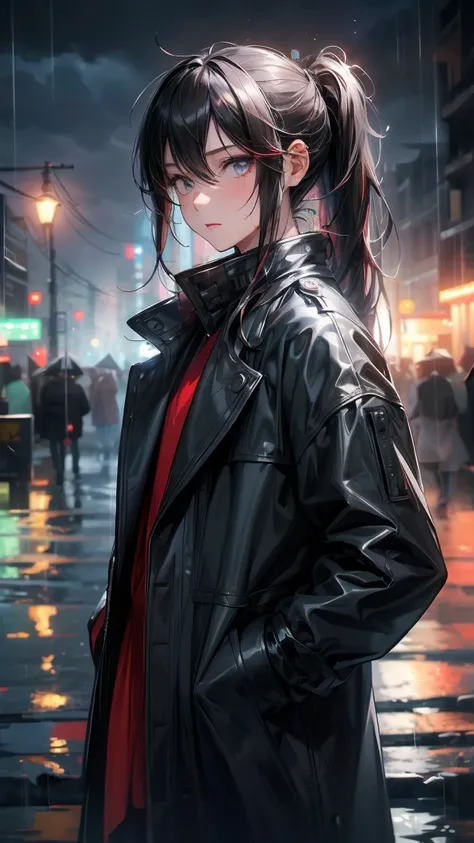 1 Boy,long black hair,of the night city,rain,coat,Hands in pockets,Always very lazy,Hair with white highlights of different textures,Turn your face slightly,tie a ponytail