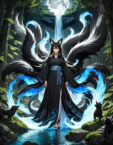 ((full body shot at distance)) , (((1girl))), (realistic fox-girl with black hair and nine tails surrounded by motes of blue fire, looking at a waterfall) , (nine tails with black fur:2.0 ) , (image centered on subject with her tails spread behind:1.5), ((...