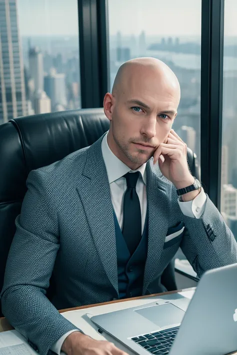 best quality, masterpiece, highres, solo, solo focus, 1boy, mature billionaire, bald head, blue eyes, american, three-piece suit, sitting in a chair, office, desk, laptop computer, empire state building outside window scheming
