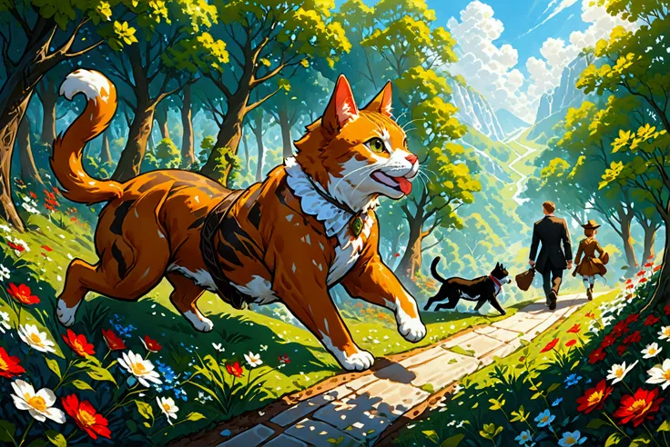 (Top Quality, Ultra Detailed, Realistic: 1.37), (From a diagonal side view:1.5), Humorous, Cartoon style, Thick lines, Childrens storybook illustration, Bright colors, Two hunters with hunting rifles in their hands walk carefully down a path through a flow...