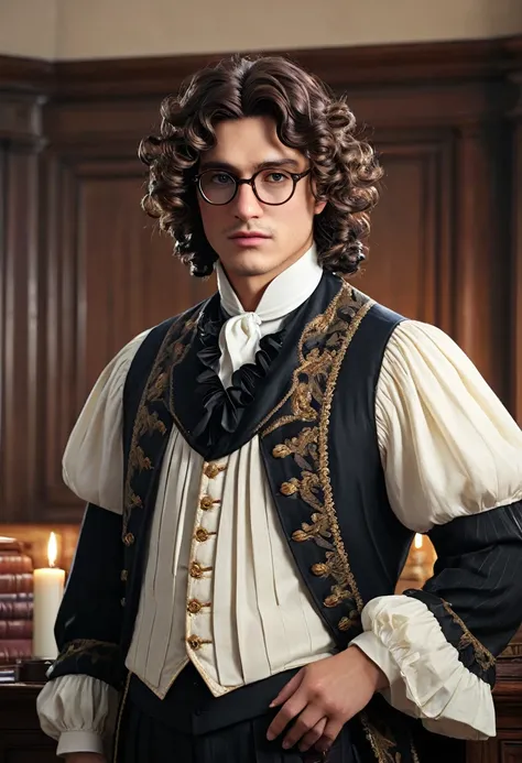 Cowboy Shot、Sophisticated male lawyer、Elegant 18th Century English Court Costume、long curly wig、Glasses、Gentle and sophisticated eyes、Beautiful and exquisite lips、Extremely detailed eyes and face、、Detailed Background、Luxurious interior、high quality、Real、Ph...