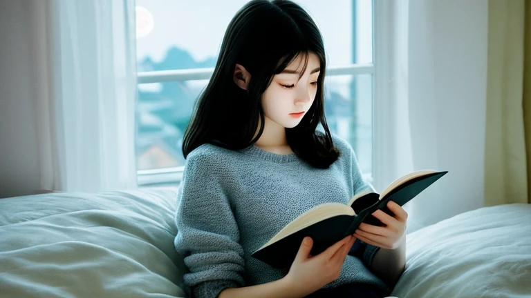 A young woman reading a book in bed、Background in the room、From the window、The moon and stars are visible、A delicate touch、eye、Draw hair in detail、