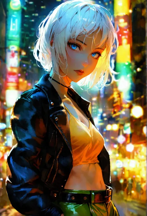 (high quality, masterpiece, detailed), night city detailed scenario, night city detailed background, 20 year old girl, Solitary, Multi-colored hair, White hair, Brown hair, Super hero, rogue, limit, blue eyes, jacket, Open clothes, belt, open jacket, scarf...