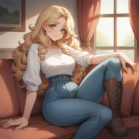 Beautiful woman 25 years old, not very high, long curly light blonde hair, Thin waist, big tits, well-shaped and large hips. She wears a top and jeans and long boots, sitting on her sofa, she is worried looking through an empty wallet, House