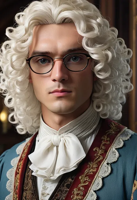 Cowboy Shot、Sophisticated male lawyer、Elegant 18th Century English Court Costume、Long white curly wig、Glasses、Gentle and sophisticated eyes、Beautiful and exquisite lips、Extremely detailed eyes and face、、Detailed Background、Luxurious interior、high quality、R...