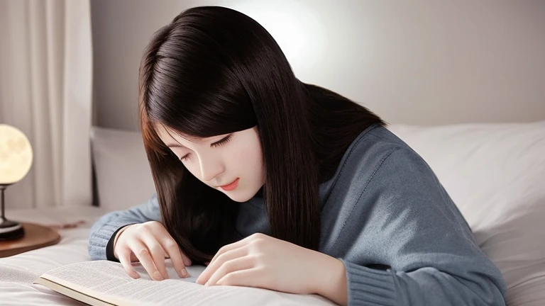 A young woman reading a book in bed、Background in the room、night、From the window、The moon and stars are visible、A delicate touch、eye、Draw hair in detail