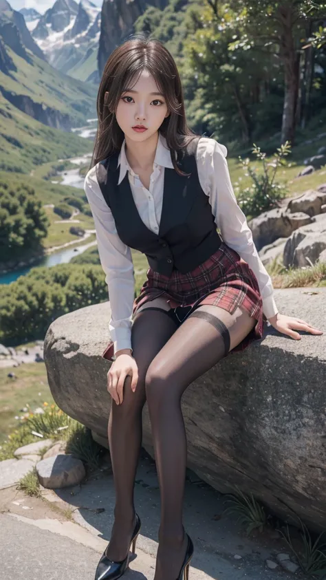 ulzzang-6500-v1.3, (RAW Photos:1.2), (Photorealistic), (Genuine:1.4), １girl、Perfect Anatomy、20 years old、Looking at the camera、Medium Long Hair、Plaid vest、skirt, ((in the mountains, plant, Leaning against the rocks))、(Ultra-realistic pantyhose:1.2), (High ...