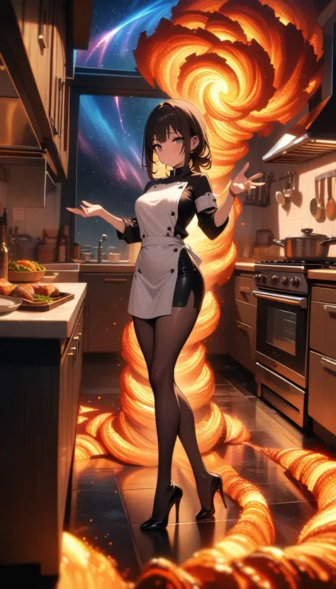 ((best quality)) , ((masterpiece)) , (detailed)，1 female，(starry tornado:1.4), starry Nebula, beautiful detailed sky，((kitchen))，Female chef，High heel，((whole body))