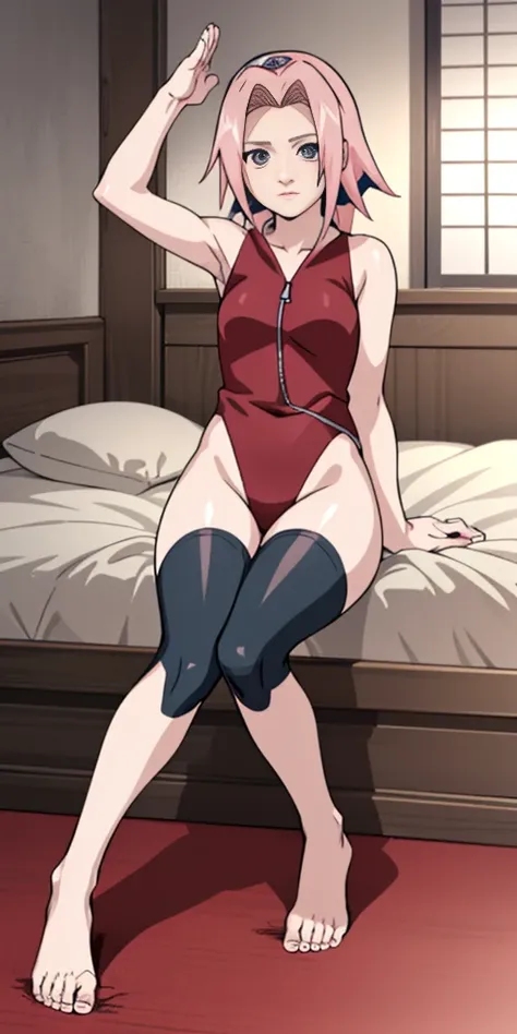 sakura haruno from naruto, pink short hair, beautiful woman sitting on bed, anime style, 1girlsitting, barefeet together, raise ...