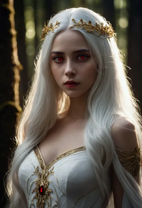 A spectacular girl with long white hair., White skin, and red eyes, In a forest with cinematic lighting., dark and dimly lit. She wears a white dress with gold tones., His eyes focused, looking at the viewer. His skin is clear, her delicate and impeccable ...