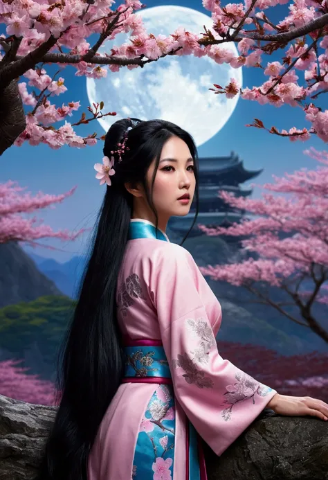 master part, best qualityer, natta, moutain, fullmoon, long black  hair, Woman, PiriLampo, stele, Mysterious cherry blossom trees, pink leafs, high qualiy, Gorgeous graphics, high détail