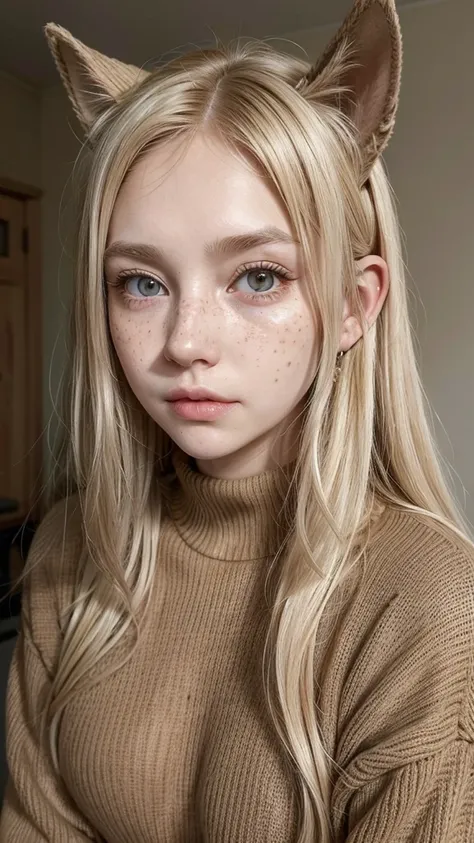 Woman, long dark blonde hair, pale anemic skin, freckles on the nose, brown eyes, slightly big ears, and Im normally stressed but friendly, I have a sullen face (even though its my normal face) medium breasts, wearing a sweater, eyes brown.