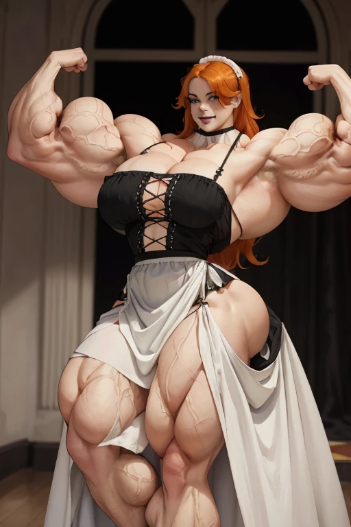 ((Close-up)), tall, (orange hair) beautiful muscular woman, long shaggy hair, pale white skinned, closed smile, (black lipstick), (massive muscles), (hyper muscle), (ginormous bulky muscles), green eyes, ((beautiful long maid dress)), (maid dress), choker,...