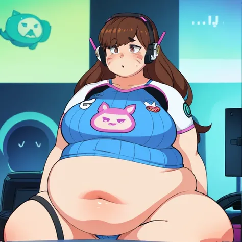 Extremely obese gamer girl, Long brown hair, With hearing aid, Big belly and fat rolls 