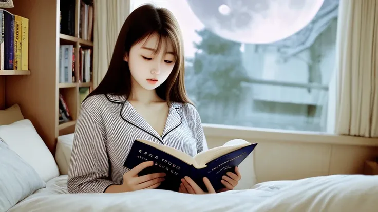 high resolution、Female about 20 years old、round face、大きなeye、Big Breasts、Reading a book in bed in pajamas、Background in the room、night、From the window、The moon and stars are visible、A delicate touch、eye、hair is fluffy、brown、Draw in detail