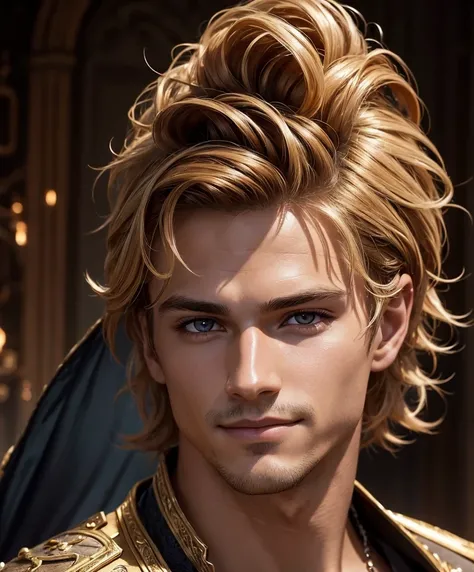  (((Single character image.)))  Solo focus.  1boy. Sexy male fantasy character. Nikolai is 22 years old, he has tanned skin, golden hair, shaved on one side and styled on the other, light brown eyes and slightly hooked nose, he has a beautiful face, outlin...