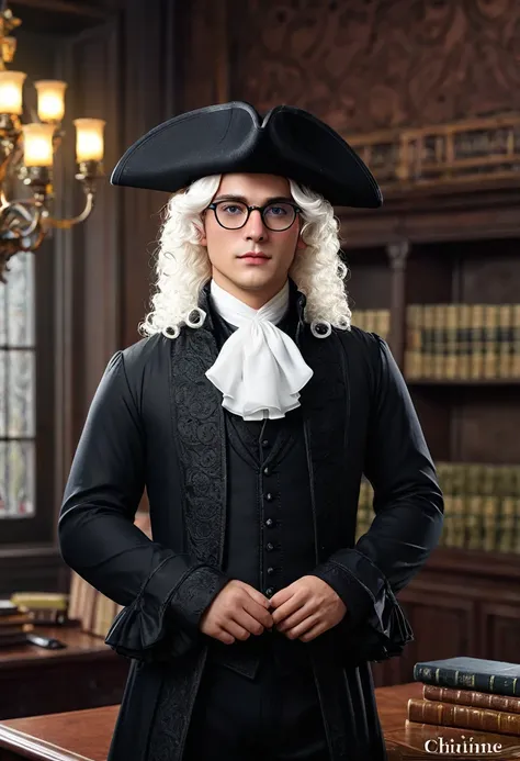 Cowboy si:1.65、Sophisticated male lawyer、Elegant 18th century English black court attire、Long white curly wig、Glasses、Gentle and sophisticated eyes、Beautiful and exquisite lips、Extremely detailed eyes and face、、Detailed Background、Luxurious interior、high q...