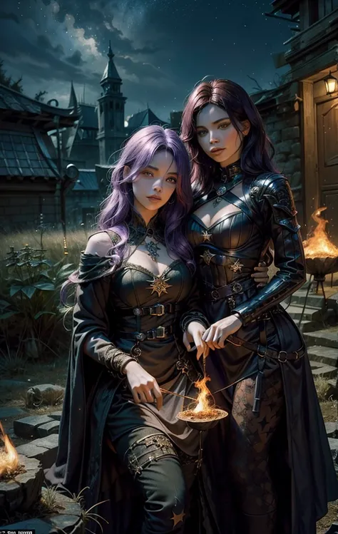 2 mulheres com a magia dourada, The background of the image is dark and starry and full of patches of light with sparks of fire, 2 mulheres de tons de cabelo diferente assim como os olhos, 1 melher tem cabelos verdes, the other melher has hair and lilac