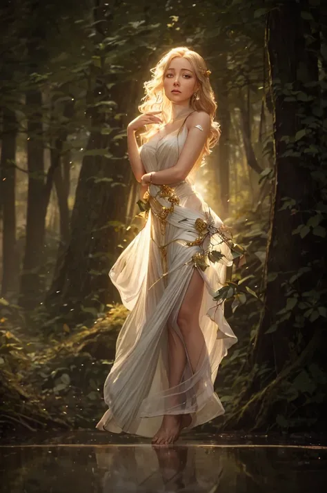 arafed woman in a flowing dress in a forest, gold ethereal light, goddess of light, heather theurer, beautiful maiden, fey queen of the summer forest, ethereal light, goddess of the forest, ethereal fantasy, magali villeneuve, ethereal glow, style of donat...