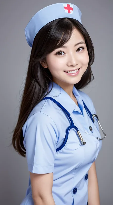 Enhanced dynamic perspective，Cute lovely beautiful girl，Nurse uniform ，Look at me and smile，Simple background，masterpiece，high quality，4K resolution，Ultrafine，detailed，precise，light，