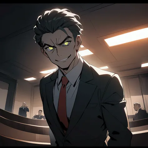 Masterpiece:1.1,Highest quality,8k,2D Animation,courtroom,1boy,a lawyer is talking enthusiastically,standing,evil smile,troubled eyebrows,Bright fluorescent lighting,looking at viewer, dynamic angle,