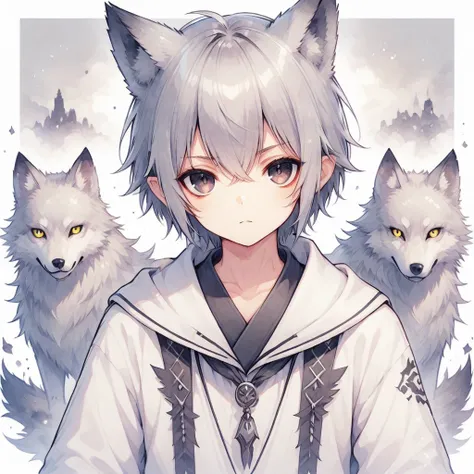 gray hair,dark eyes,wolf ears,boy,mash