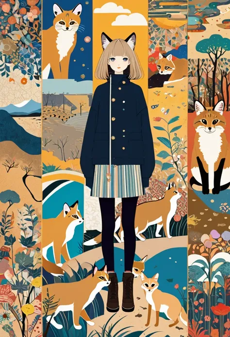 (masterpiece, best quality,ultra highres),(collage art),flat color,anime,animal girl standing at savanna,(Sand cat, Tibetan sand fox, black-footed cat, fennec fox),nostalgic melancholic artwork,magazine collage, inspired by Victo Ngai cmyk palette, contemp...