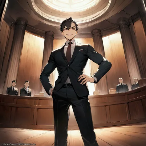 Masterpiece:1.1,Highest quality,8k,official art,courtroom,1boy,a lawyer is talking enthusiastically,standing,evil smile,troubled eyebrows,Bright fluorescent lighting,looking at viewer, dynamic angle,one hand up,one hand on hip,judge,