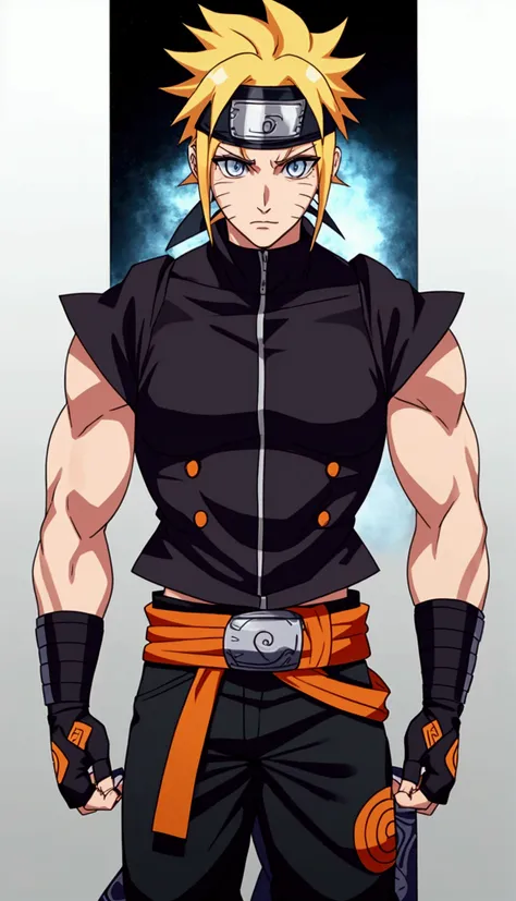 naruto uzumaki, bright blonde hair peinado hacia atras, blue eyes, muscular slim, strong arms, chiselled chest, dark gray vest, ...