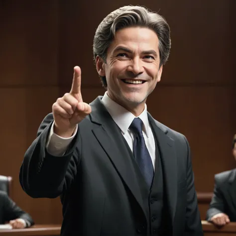 Masterpiece:1.1,Highest quality,8k,official art,courtroom,1boy,middle aged man,a lawyer is talking enthusiastically,standing,evil smile,troubled eyebrows,Bright fluorescent lighting,looking at viewer, dynamic angle,one hand up,one hand on hip,judge,