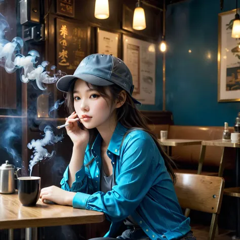 (((filled with smoke))), asian smoking girl sitting near a table in a dimly lit cafe, bright blue shirt, notice her face, grey-b...