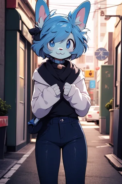 Art anime,furry Masculine,furry rabbit,High,white fur color,Short hair,Curly hair,White hairCute faceLight blue eyes,Smiling,Blinking the eye, Black bodycon tank top,Dark blue cargo pants Apartment cartoon scenery.