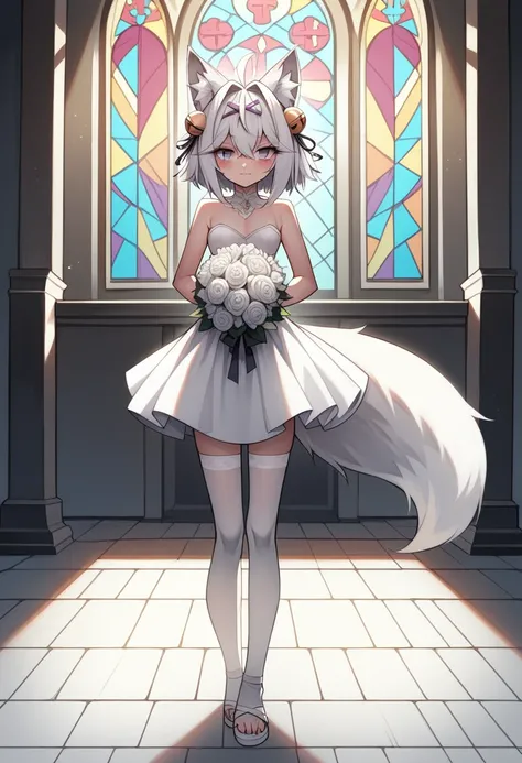 UHD, masterpiece, best quality, church, infront of the altar, 1girl, solo, Filian, white fox tail, ((fluffy fox tail)), super small cat ears, white hair, short hair, ahoge, hairclip, hair bell, deep violet eyes, blush, seductive smile, a-line wedding dress...