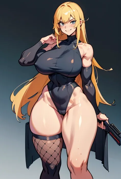 young girl, Pullover, whole body to see, straight hair, (( very wide hips)), (((colossal Thighs, gigantic thighs, very huge thighs, very big thighs))), fullbody, soldier girl, Fit girl, ABS, high cut leotard, Cyberpunk, angry smile, holding gun, Battle, lo...