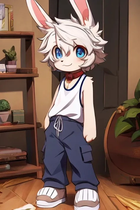 Art kemono,furry Masculine,furry rabbit,Rabbit ears,High,white fur color,Short hair,Curly hair,White hairCute faceLight blue eyes,Smiling,Blinking the eye,Tank top,Black shirt color,cargo pants,Pant color dark blue,Apartment cartoon scenery.