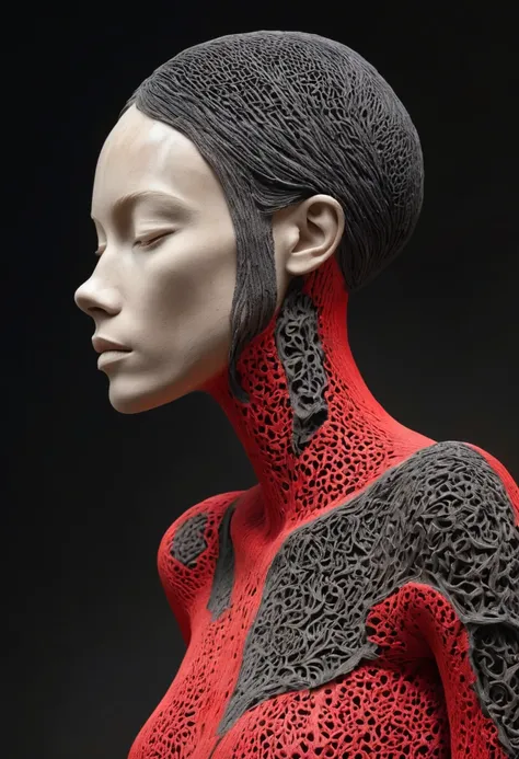 Aron Demetz, Master of Arts，Woodcarving，Portrait charcoal sculpture，Openwork body，Empty body，whole body，Light and Shadow，Wood texture，Mushrooms growing on the sculpture，Black charcoal，root，Red background