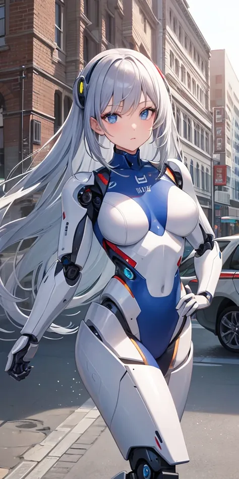 there is a woman in a robot suit posing next to an ancient building, beautiful white girl half cyborg, cute cyborg girl, beautif...